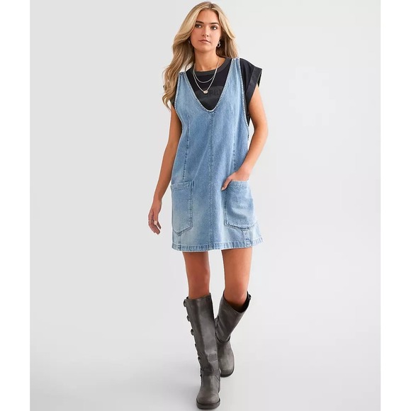We The Free People Women's Size Medium Denim High Roller Skirtall Overall Dress - Picture 4 of 11